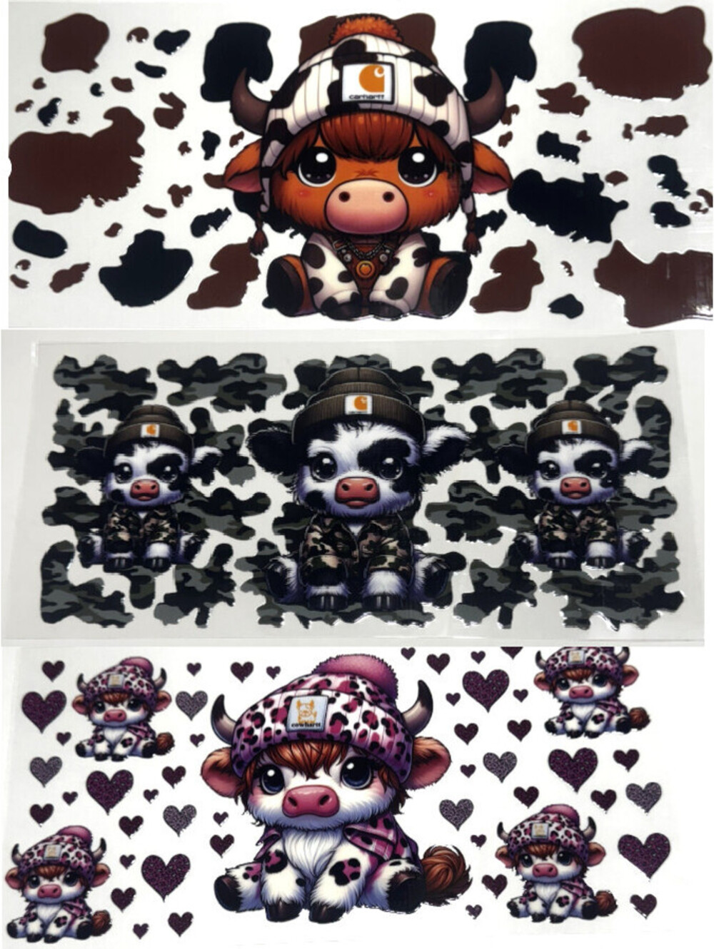3 Cup Wraps Carhartt Cows - Cowhartt UV DTF Assorted Set NEW for 16 oz Cups